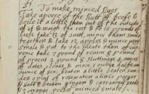 Recipe for mince pies transcribed during EMROC's November 2017 recipe transcribathon. From the cookbook of L. Cromwell. Folger Shakespeare Library. V.a.8